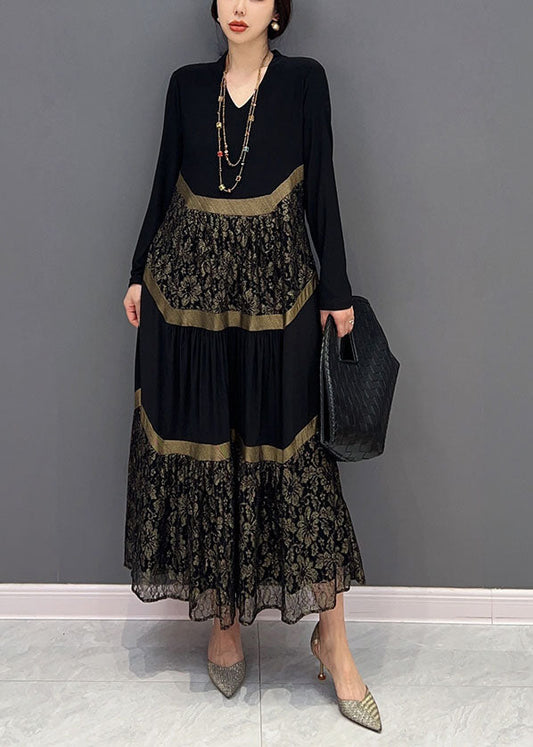 Black V Neck Tulle Patchwork Wrinkled Long Dress Spring