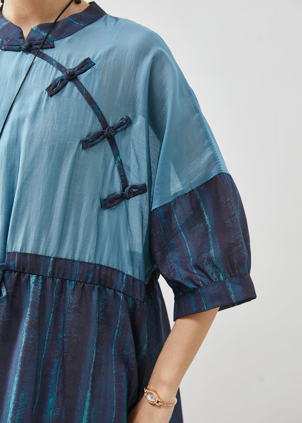 Navy Cinched Patchwork Striped Linen Dresses Summer