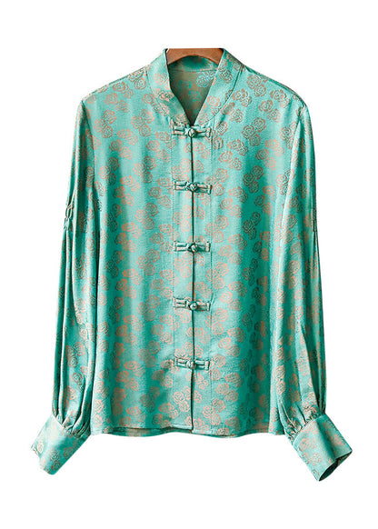 Peacock Green Mandarin Collar Button Jacquard Shirt Tops Long Sleeve Spring