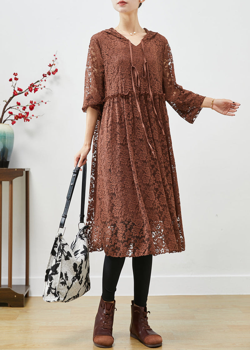 Coffee Hooded Ruffled Lace Dresses Fall