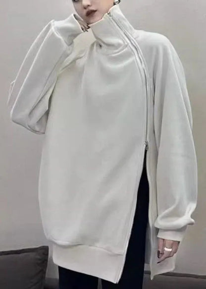 Loose White Turtleneck Side Open Fleece Sweatshirt Pullover Fall