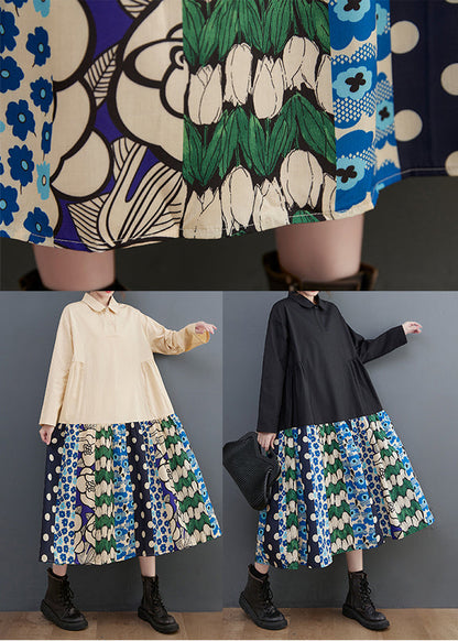 Beige Oversized Patchwork Cotton Long Dress Fall