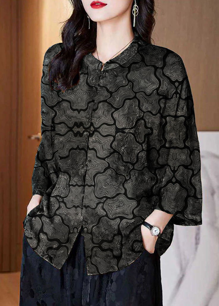 Black-texture Stand Collar Button Print Patchwork Silk Blouse Top Summer