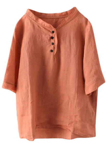 Orange V Neck Button Cotton Shirt Half Sleeve