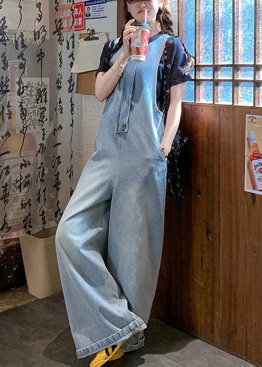 Simple Blue O-neck Pockets Denim Jumpsuit Sleeveless