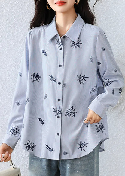Blue Embroidered Striped Cotton Top Fall