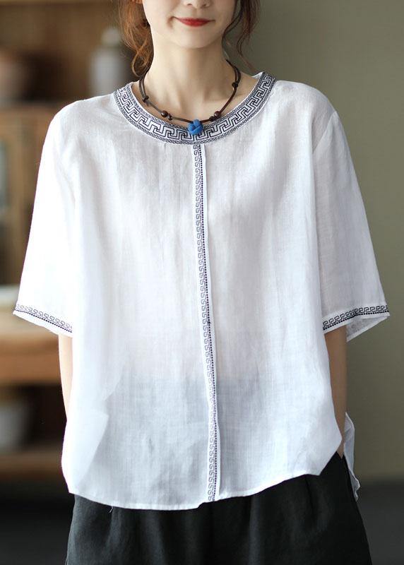 Natural Black O-neck Embroideried Summer Ramie Blouses Half Sleeve