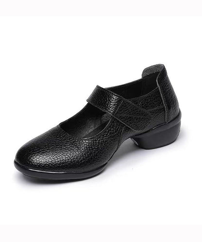 Buckle Strap Splicing Chunky Black Cowhide Leather Dance Shoes