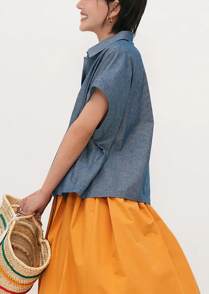 Blue Peter Pan Collar Oversized Cotton Shirts Summer