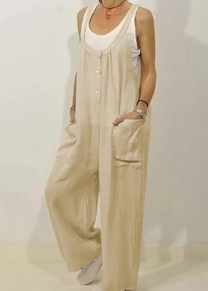 Khaki O-neck Button Jumpsuits Sleeveless