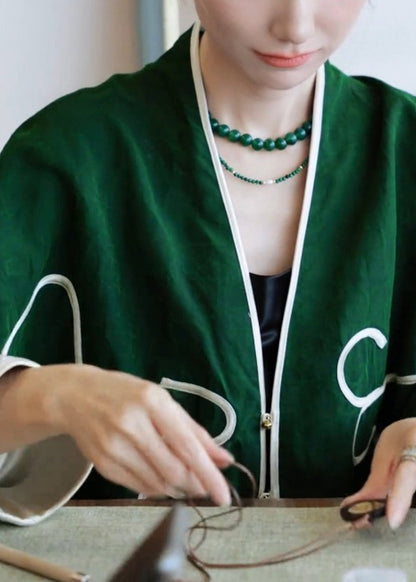 Chinese Style Green V Neck Patchwork Cotton Cardigan Fall