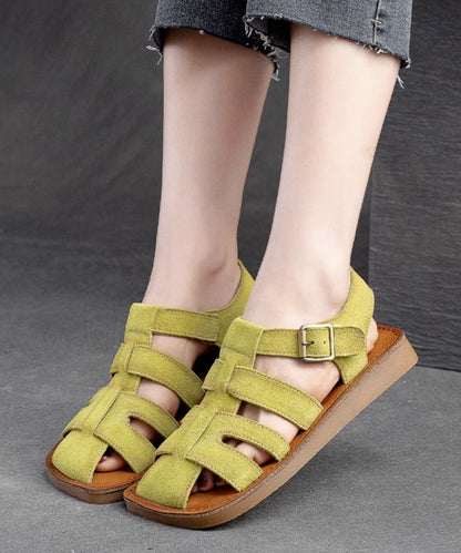 Handmade Green Cowhide Leather Flat Hollow Out Roman Sandals