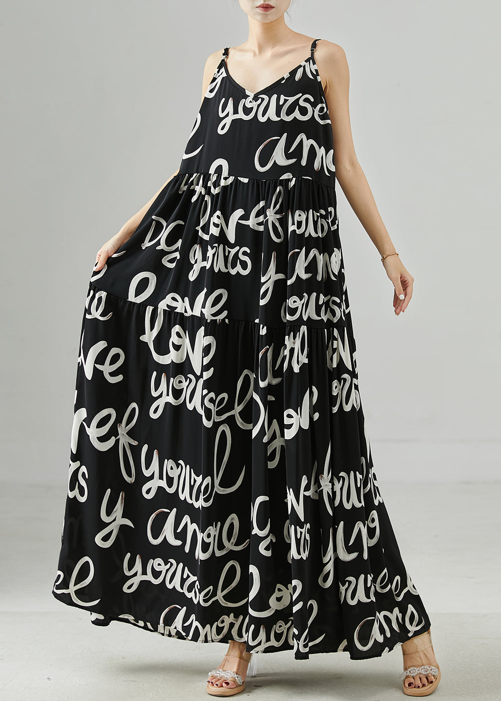 Black Letter Print Chiffon Spaghetti Strap Dress Summer