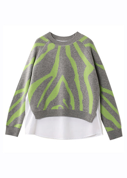 Grey O-neck Thick Striped Patchwork Fake Two Pieces Knit Sweaters Fall