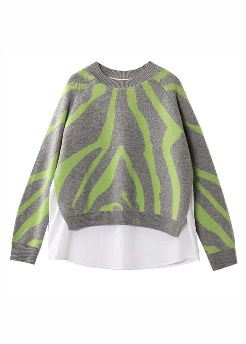 Grey O-neck Thick Striped Patchwork Fake Two Pieces Knit Sweaters Fall