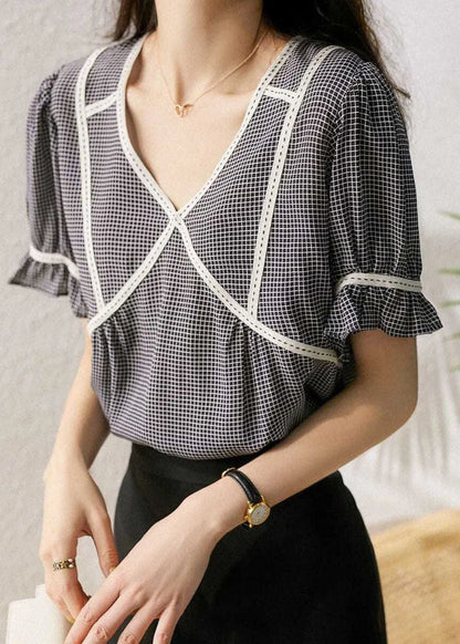 Small Plaid Ruffled Patchwork Silk Tops Summer