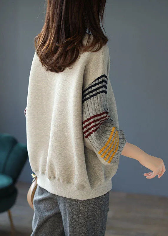 Lazy Grey O-neck Striped Knit Patchwork Cotton Sweatshirt Long Sleeve