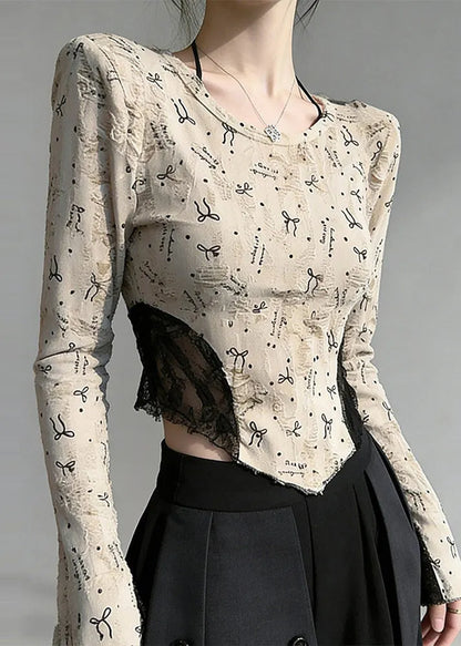 Beige Print Lace Patchwork Cotton Blouses Flare Sleeve