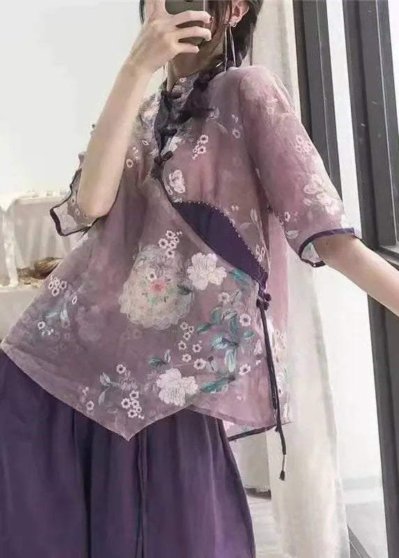 Purple Button Print Shirt Tops Half Sleeve