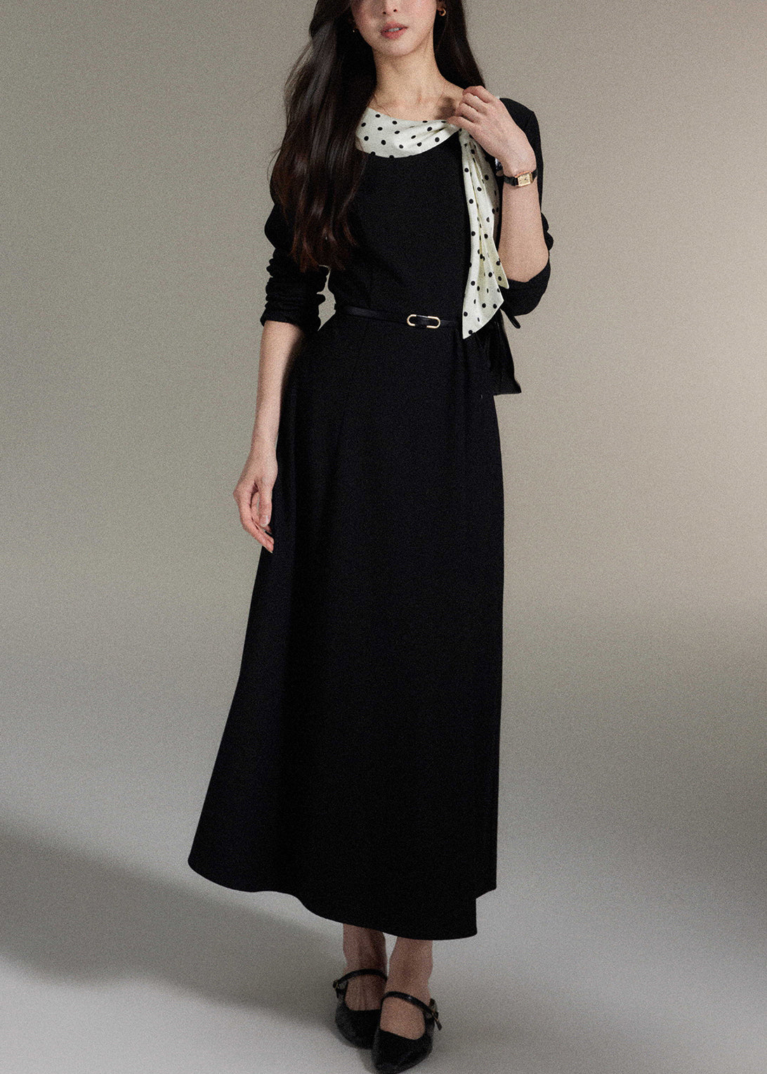 Black Bow Pockets Wool Long Dress Fall