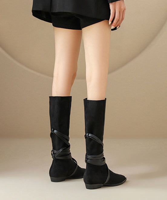 Splicing Boots Black Suede Cross Strap Pointed Toe