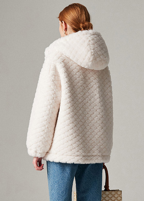 White Zippered Faux Fur Hooded Coat Winter