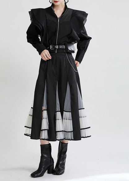 White Ruffles Zippered Patchwork Tulle Fall Long Sleeve Coat