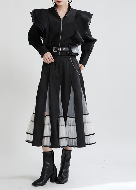 White Ruffles Zippered Patchwork Tulle Fall Long Sleeve Coat