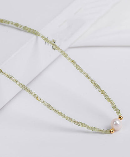 Simple Green 14k Gold Pearl Gem Stone Gratuated Bead Necklace