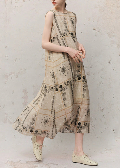 O-neck Print Ramie Maxi Dress Summer