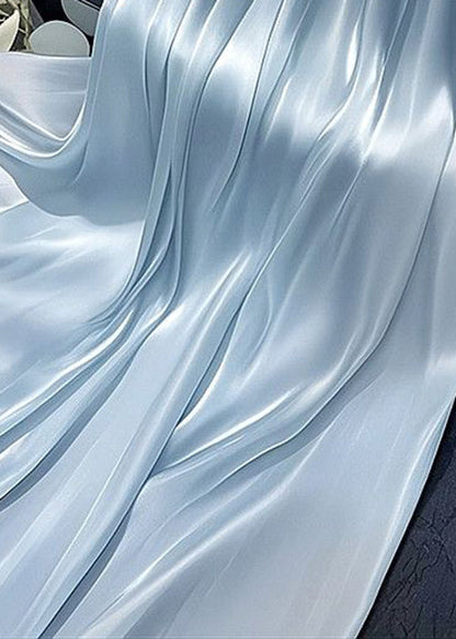 Simple Blue Wrinkled Elastic Waist Silk Skirt Summer
