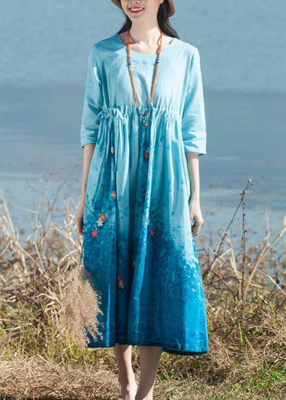 Simple Blue Print Clothes O Neck Tie Waist Dresses Spring Dresses