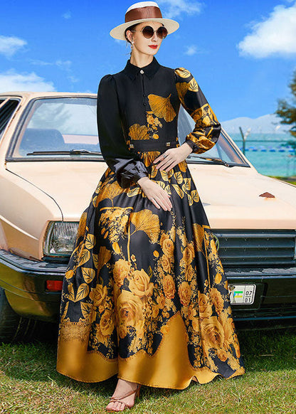 French Black Peter Pan Collar Print Sashes Silk Holiday Dresses Spring