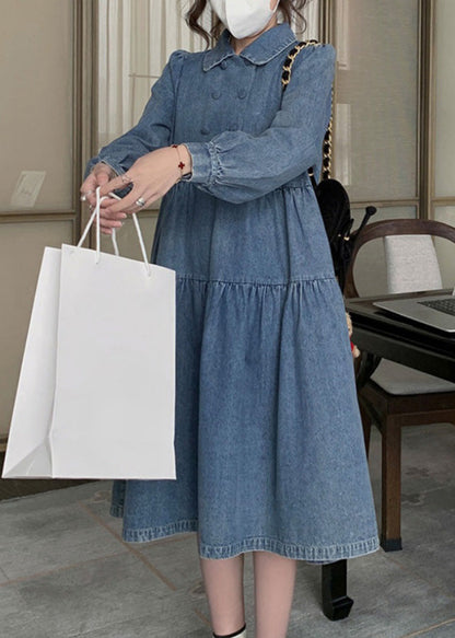Denim Blue Wrinkled Patchwork Long Dress Spring