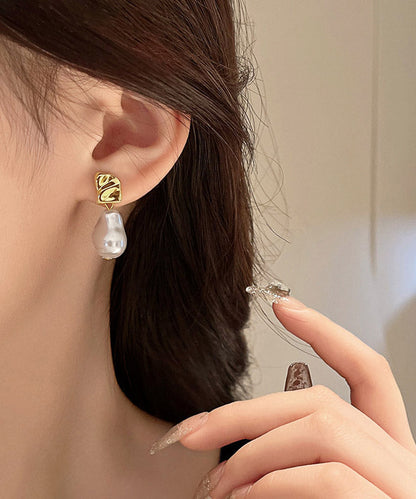 Gold Copper Alloy Asymmetric Pearl Drop Earrings