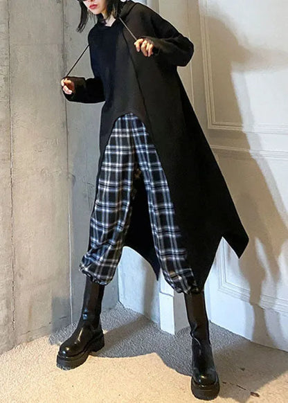 Handmade Black Hooded Drawstring Asymmetrical Design Sweatshirts Top Spring