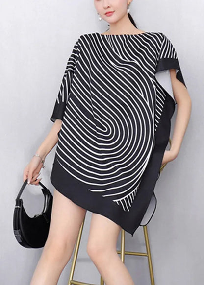 Black Striped O-neck Side Open Short Sleeve