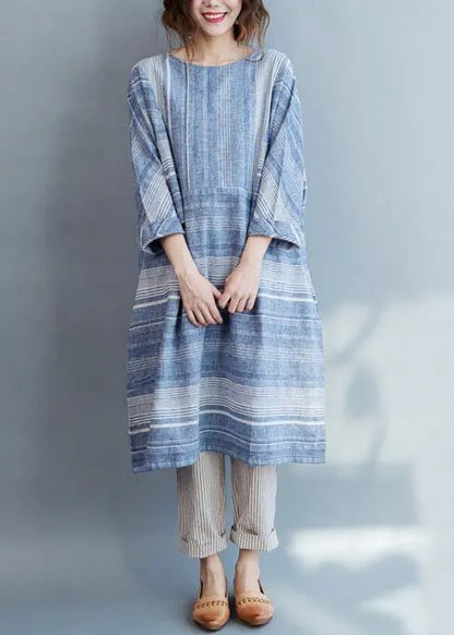 Modern Blue Striped Cotton Pockets Summer Maxi Dresses