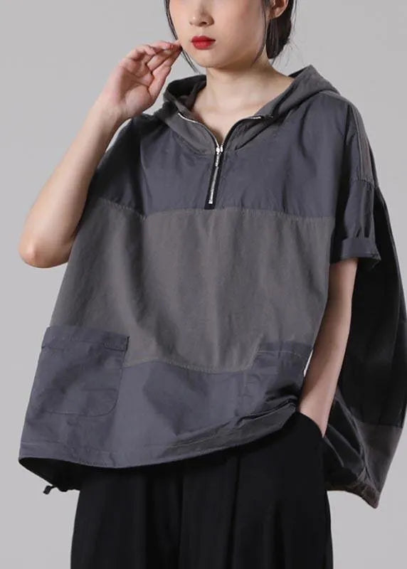 Fine Light Grey Zippered Patchwork Cotton T Shirt Summer