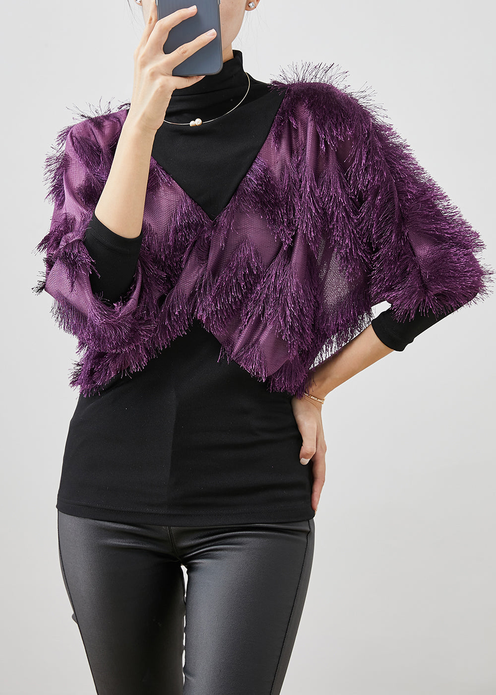 Purple Tasseled Patchwork Cotton Shirt Top Winter