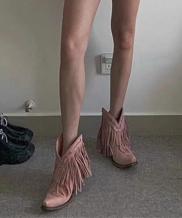 Splicing Chunky Boots Embroidered Pink Faux Leather