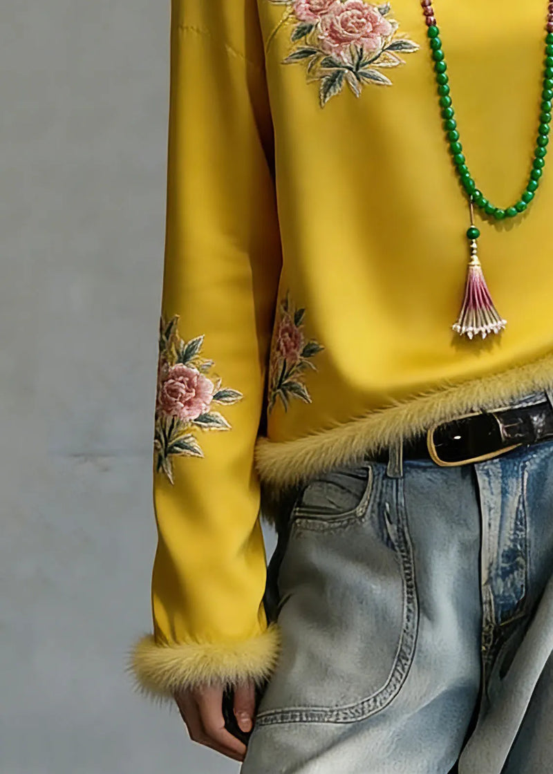 Novelty Yellow Embroidered Patchwork Silk Cotton Tops Spring