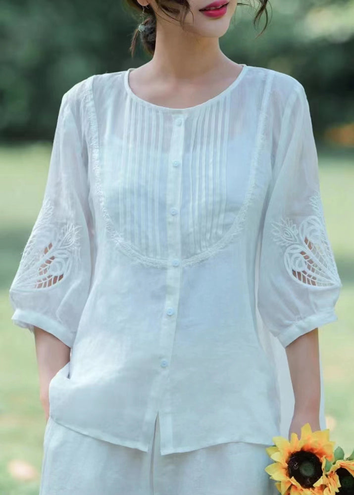 Unique Green O-nec Embroideried Wrinkled Ramie Top Fall