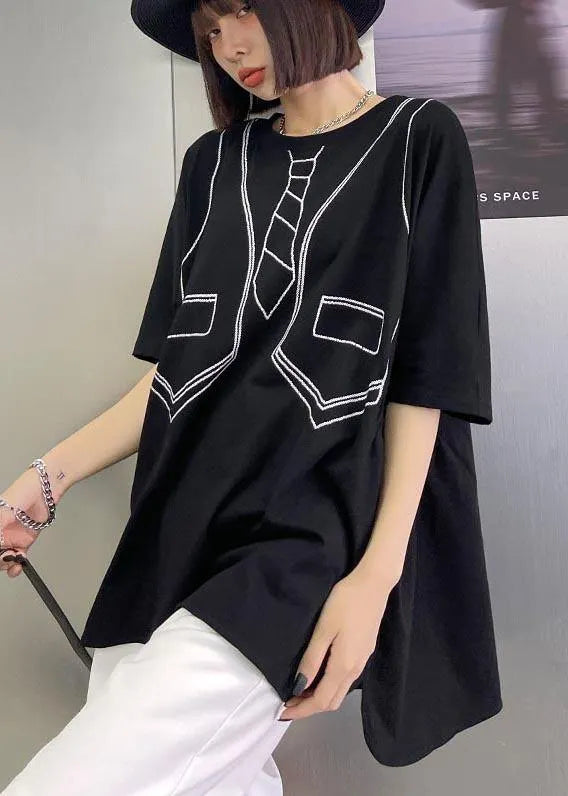 Loose Black Print Low High Design Tops Summer