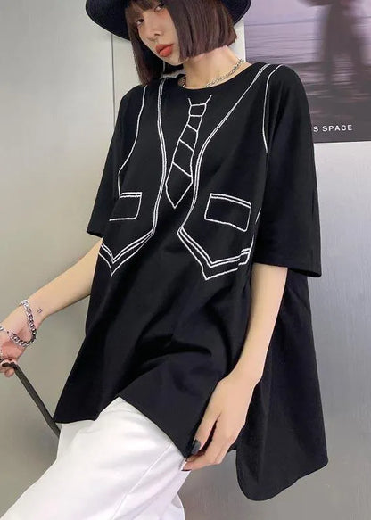 Loose Black Print Low High Design Tops Summer