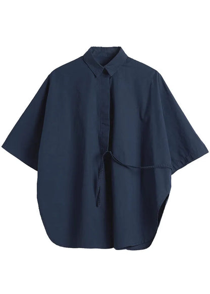 Organic Navy Cinched Cotton Blouses Half Sleeve
