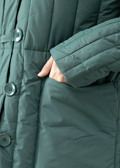 Green Hooded Pockets Fine Cotton Filled Long Coat Winter