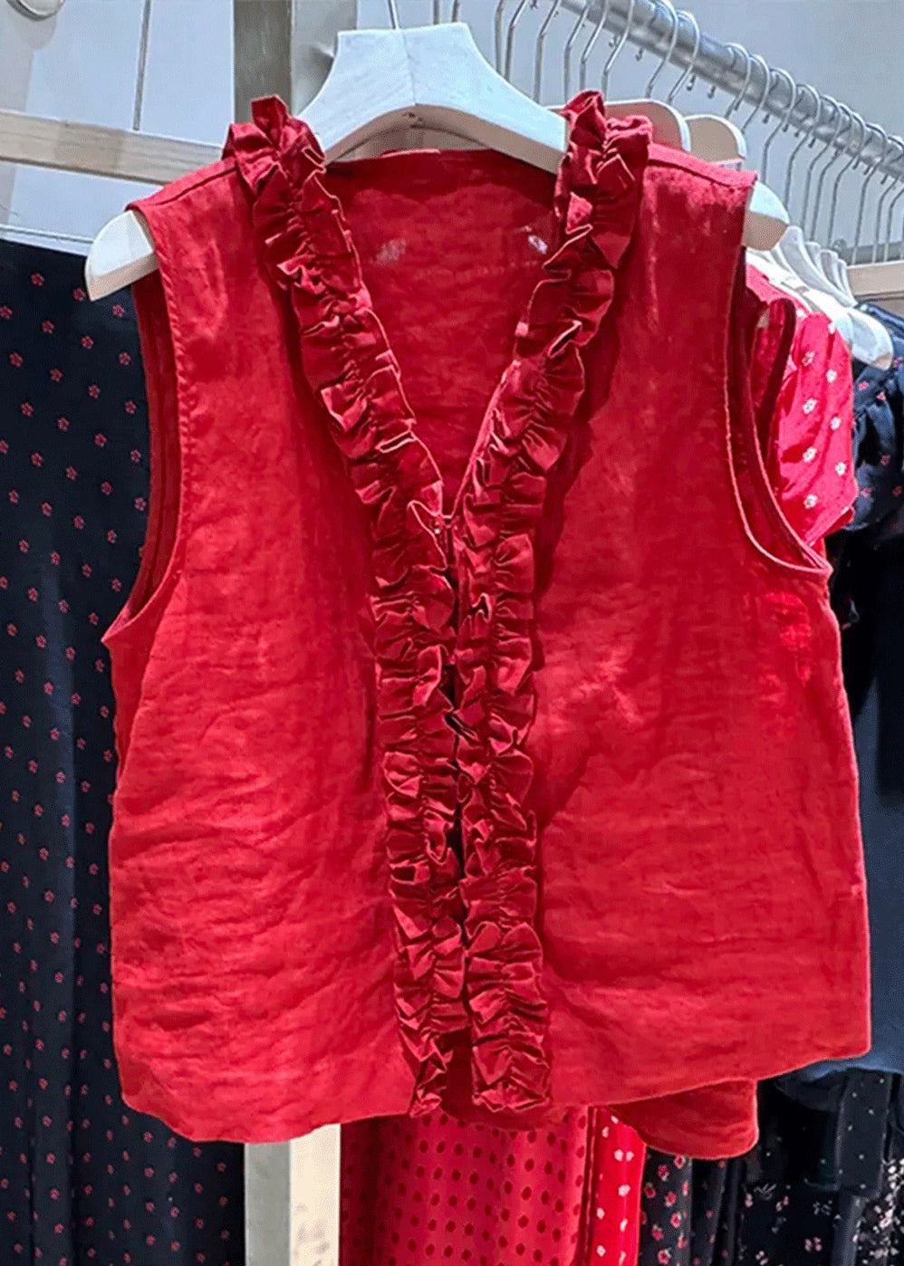 Simple Red V Neck Ruffled Cotton Blouse Top Sleeveless Fall