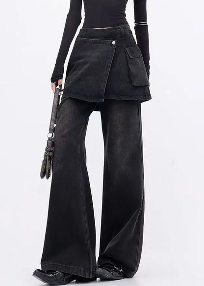Modern Black False Two Pieces Patchwork Denim Flared Trousers Spring