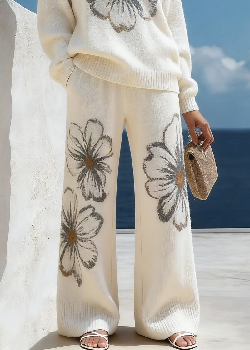 White Cozy Knit Two Piece Suit Set O-neck Spring